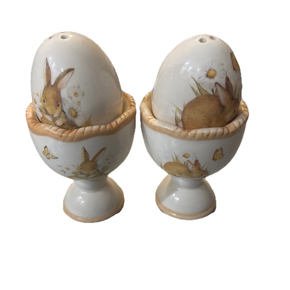 Unique Two Bunny Rabbit Egg Cups and Salt & Pepper Susan Winget - Picture 2 of 4